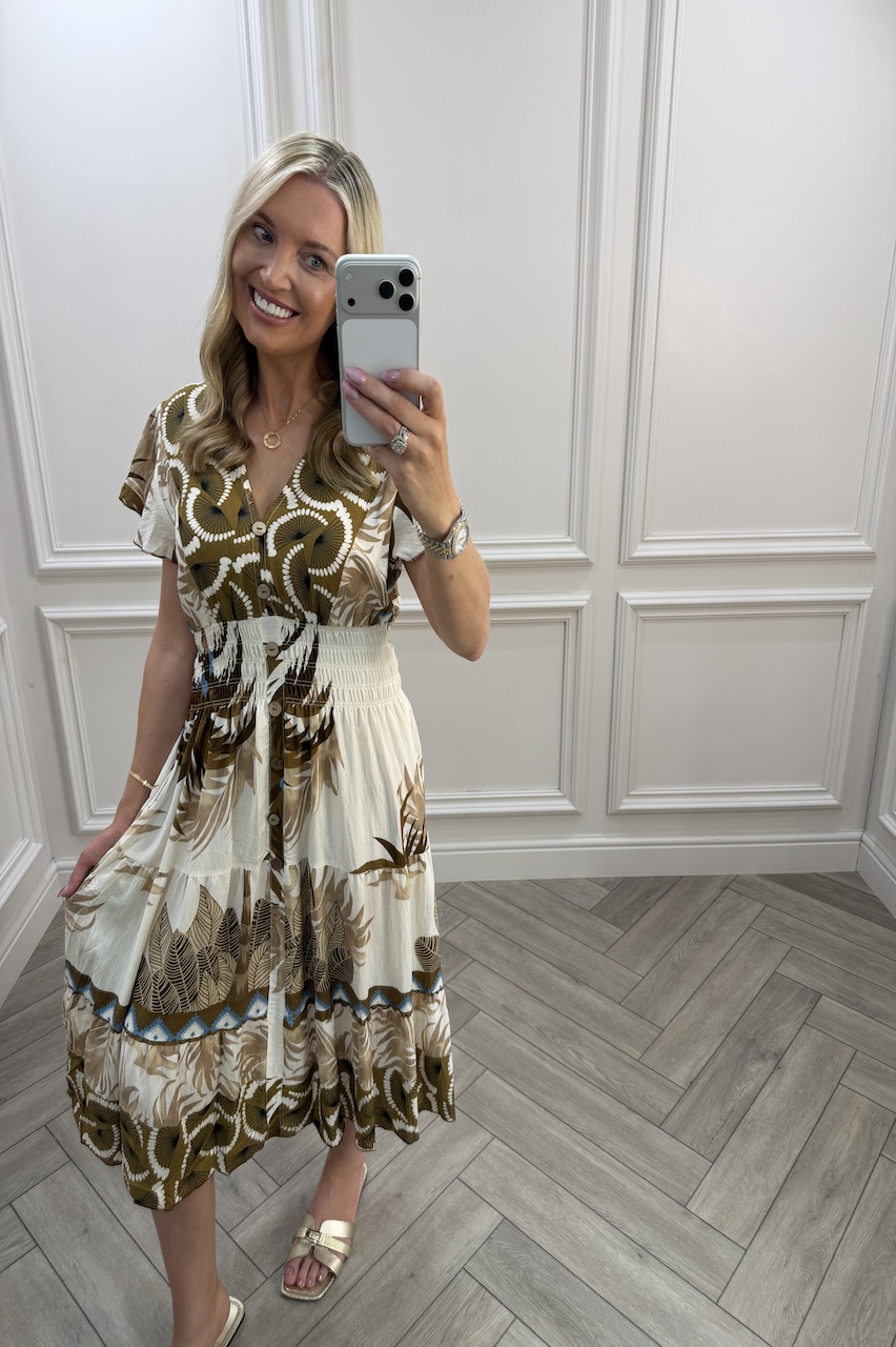 Brown Harper Shirred Midi Dress
