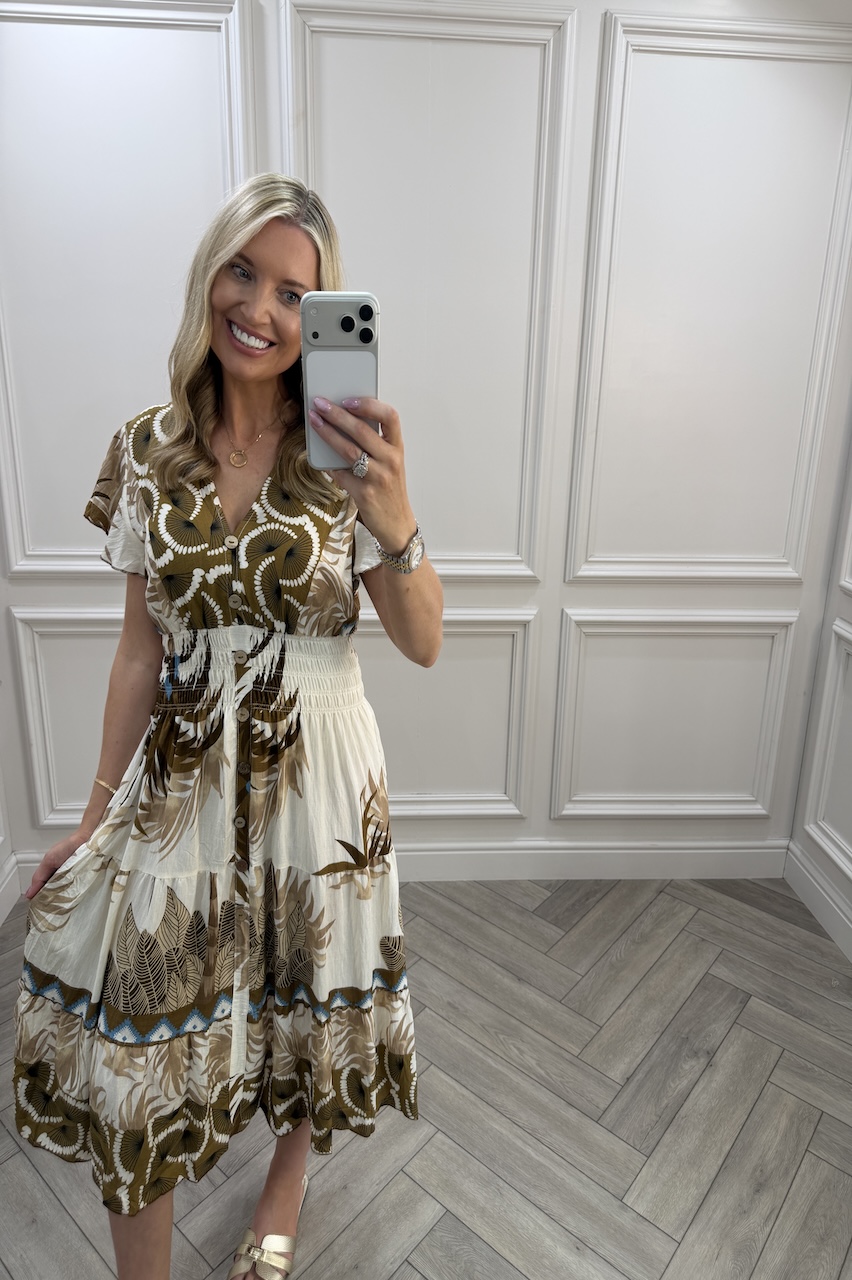 Brown Harper Shirred Midi Dress