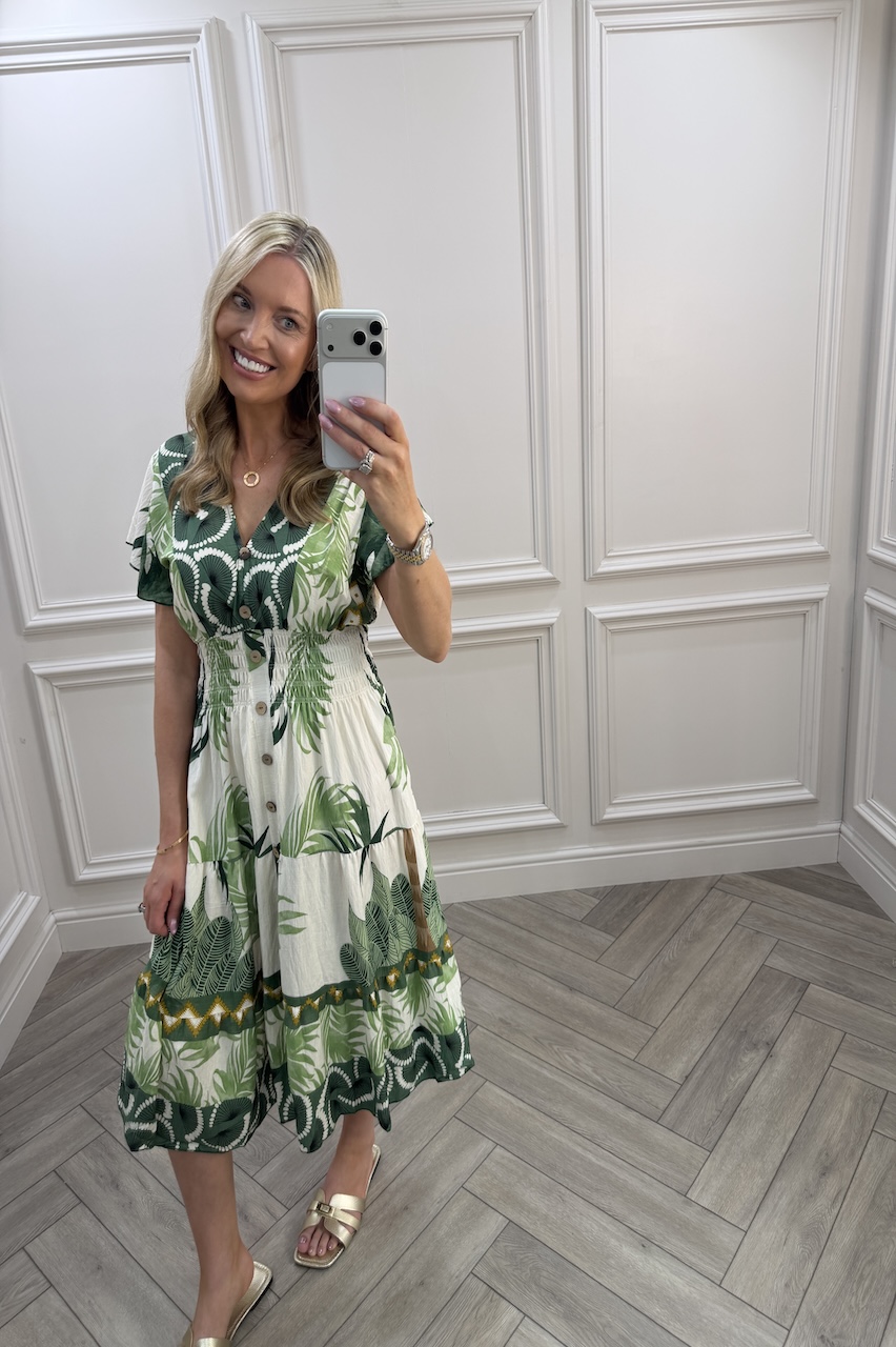 Green Harper Shirred Midi Dress