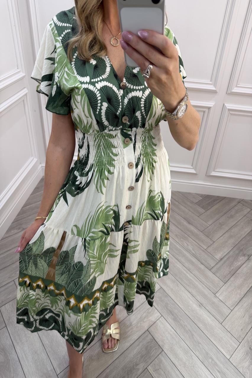 Green Harper Shirred Midi Dress