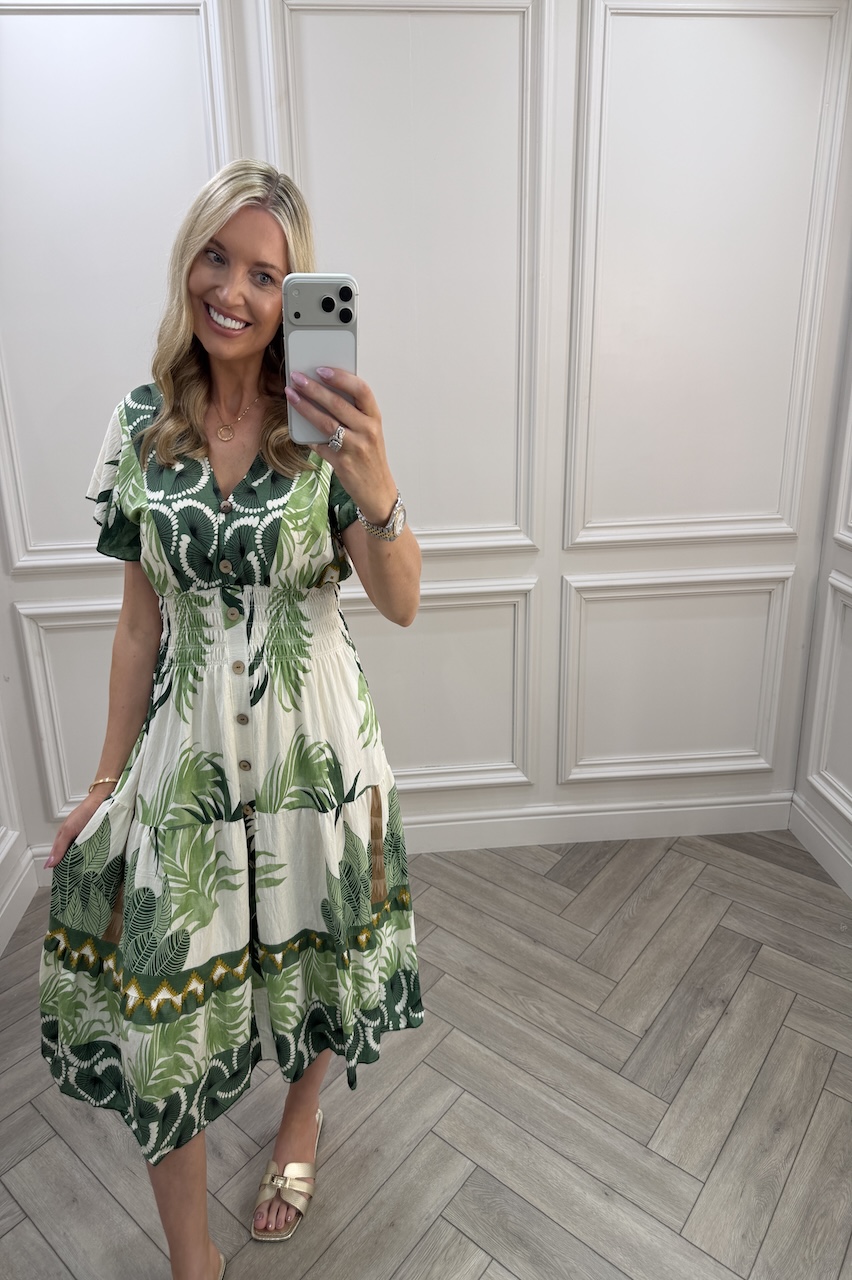 Green Harper Shirred Midi Dress
