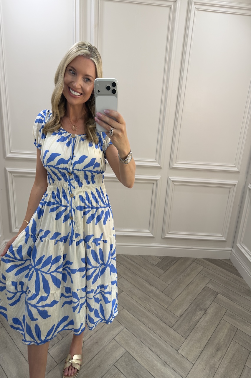 Blue Nora Shirred Midi Dress