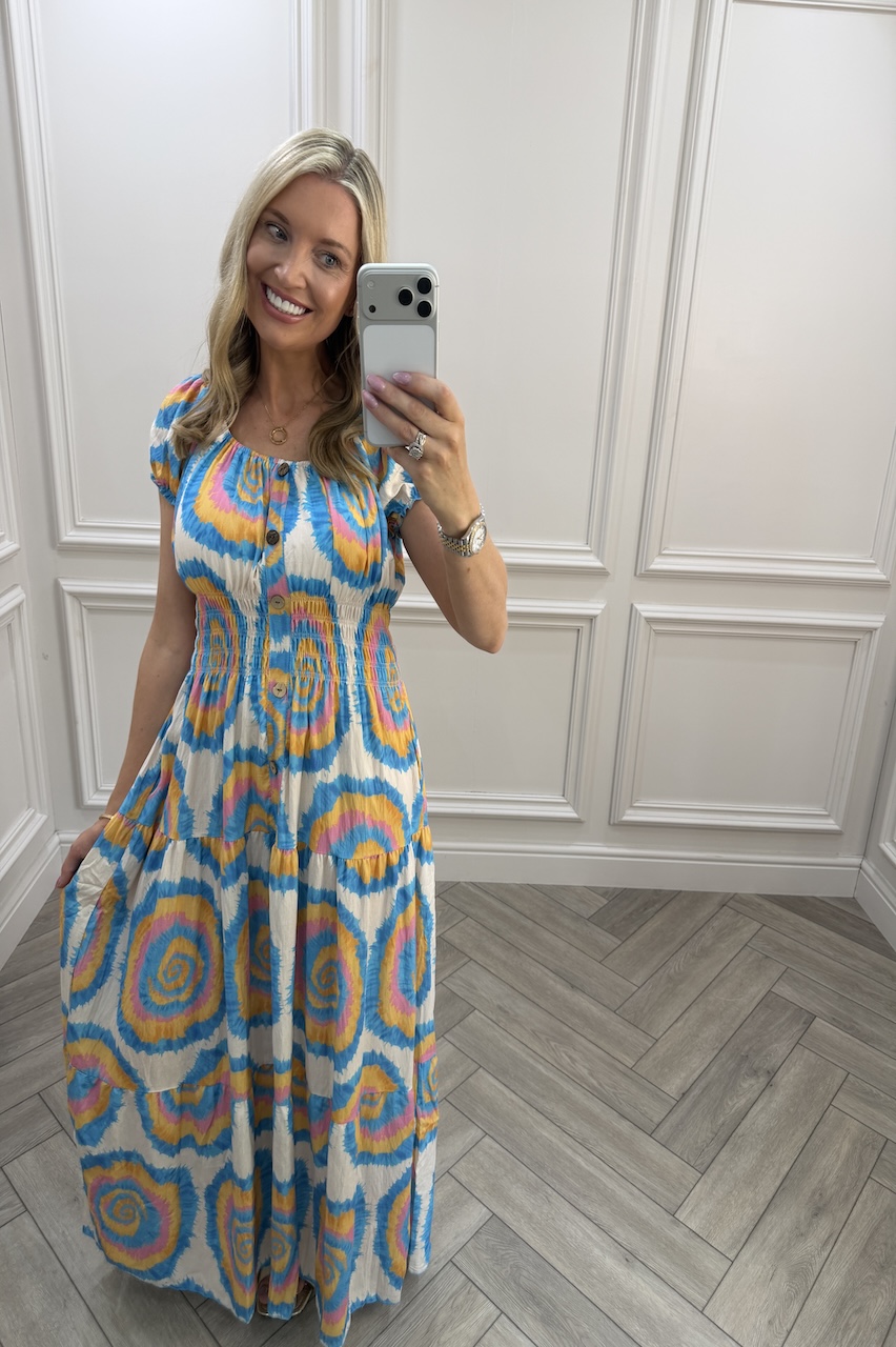 Blue Avery Shirred Maxi Dress