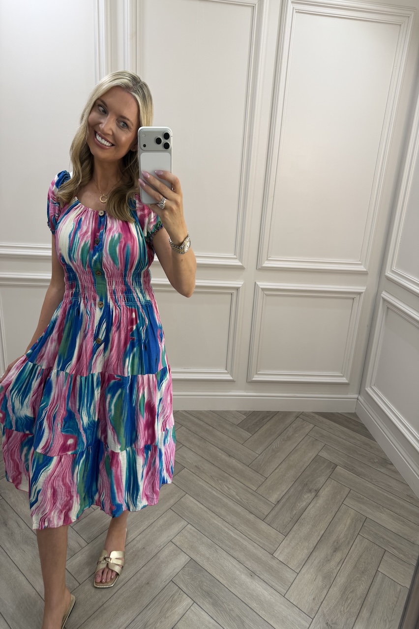 Pink & Blue Nova Shirred Midi Dress