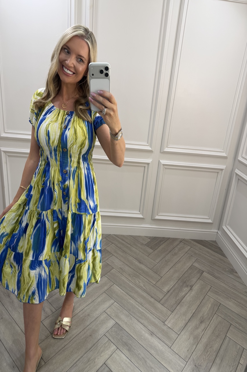 Lime & Royal Nova Shirred Midi Dress
