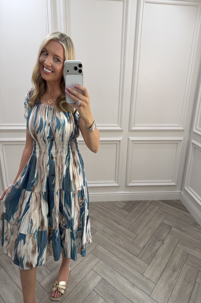Teal & Tan Nova Shirred Midi Dress