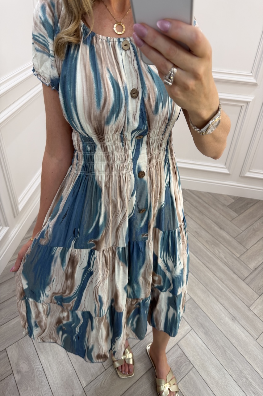 Teal & Tan Nova Shirred Midi Dress