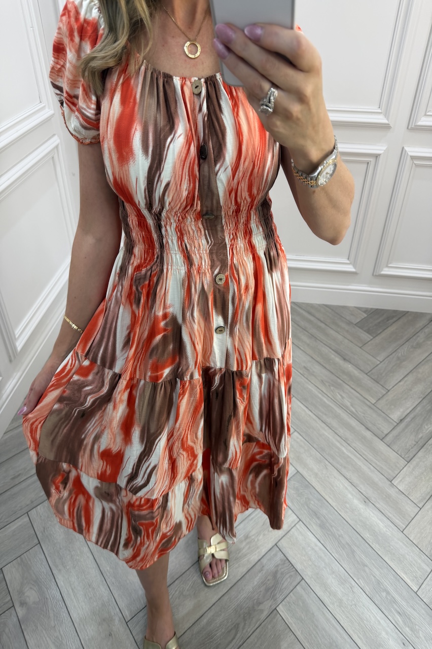 Brown & orange Nova Shirred Midi Dress