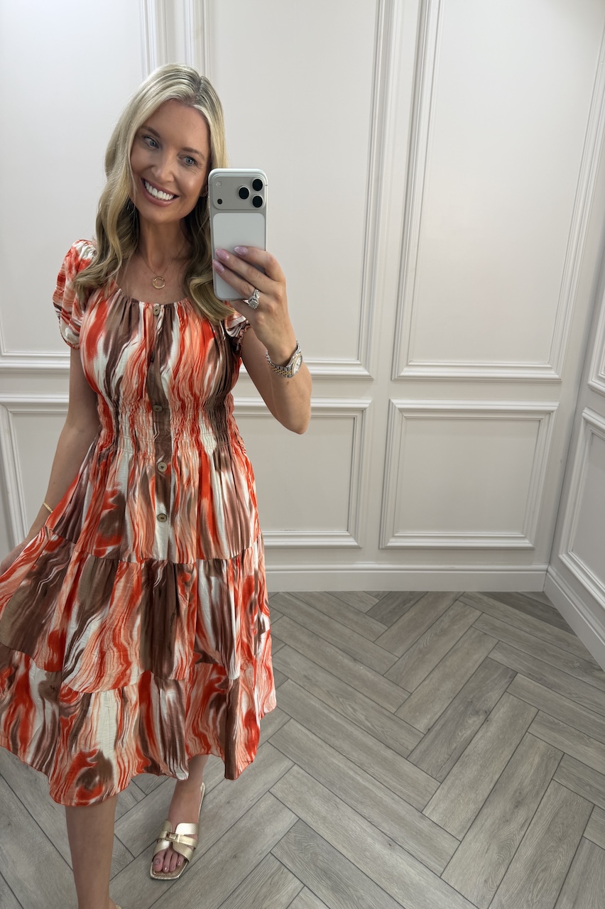 Brown & orange Nova Shirred Midi Dress
