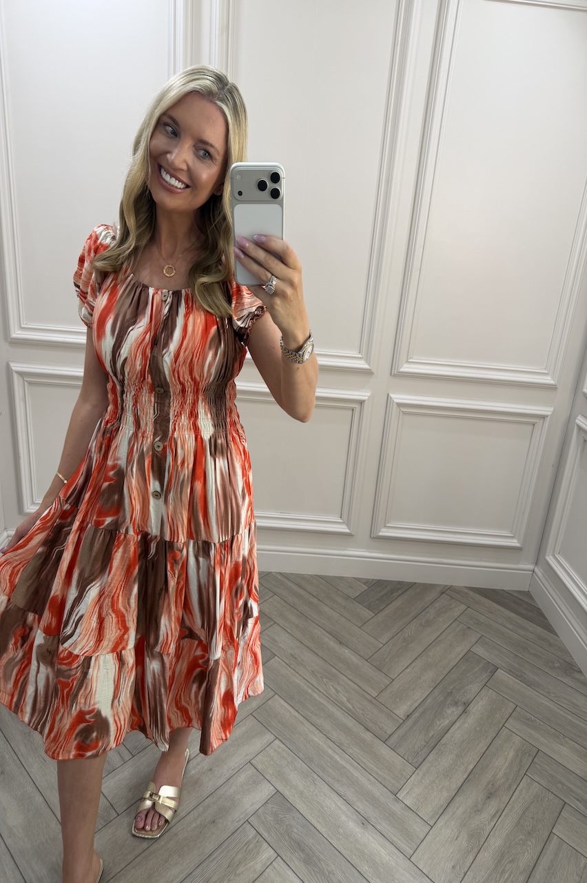 Brown & orange Nova Shirred Midi Dress