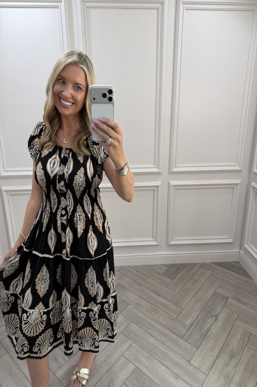Black Gabriella Shirred Midi Dress