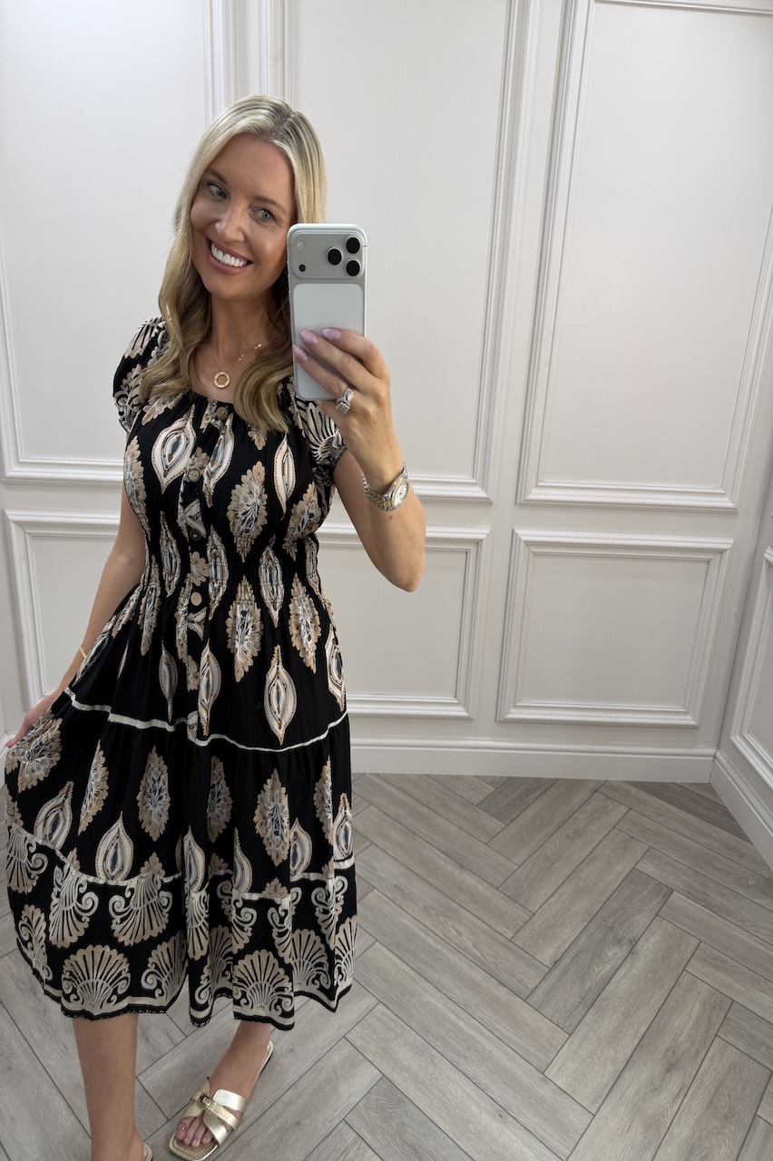 Black Gabriella Shirred Midi Dress