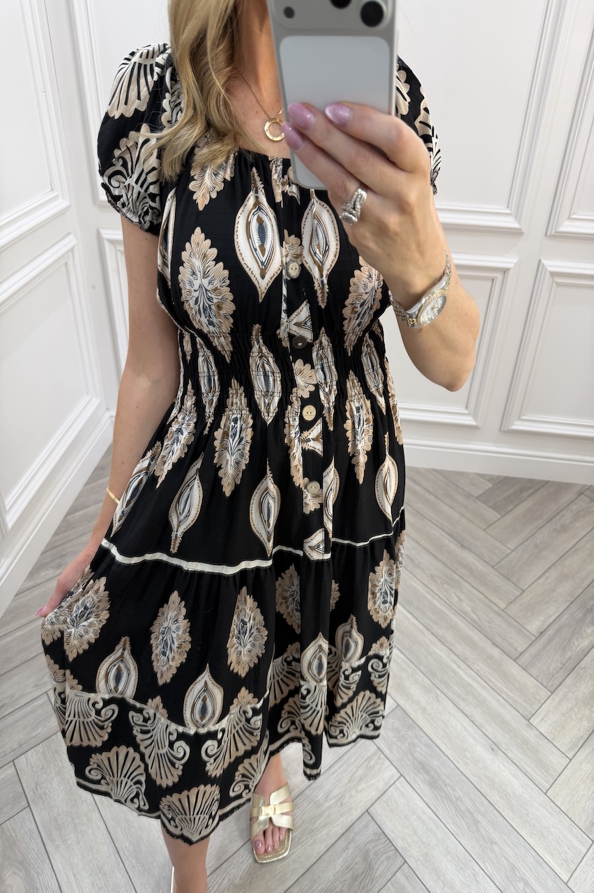Black Gabriella Shirred Midi Dress