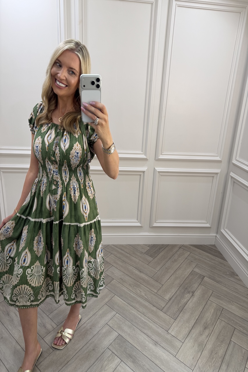 Green Gabriella Shirred Midi Dress