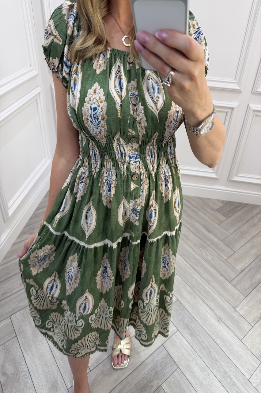Green Gabriella Shirred Midi Dress