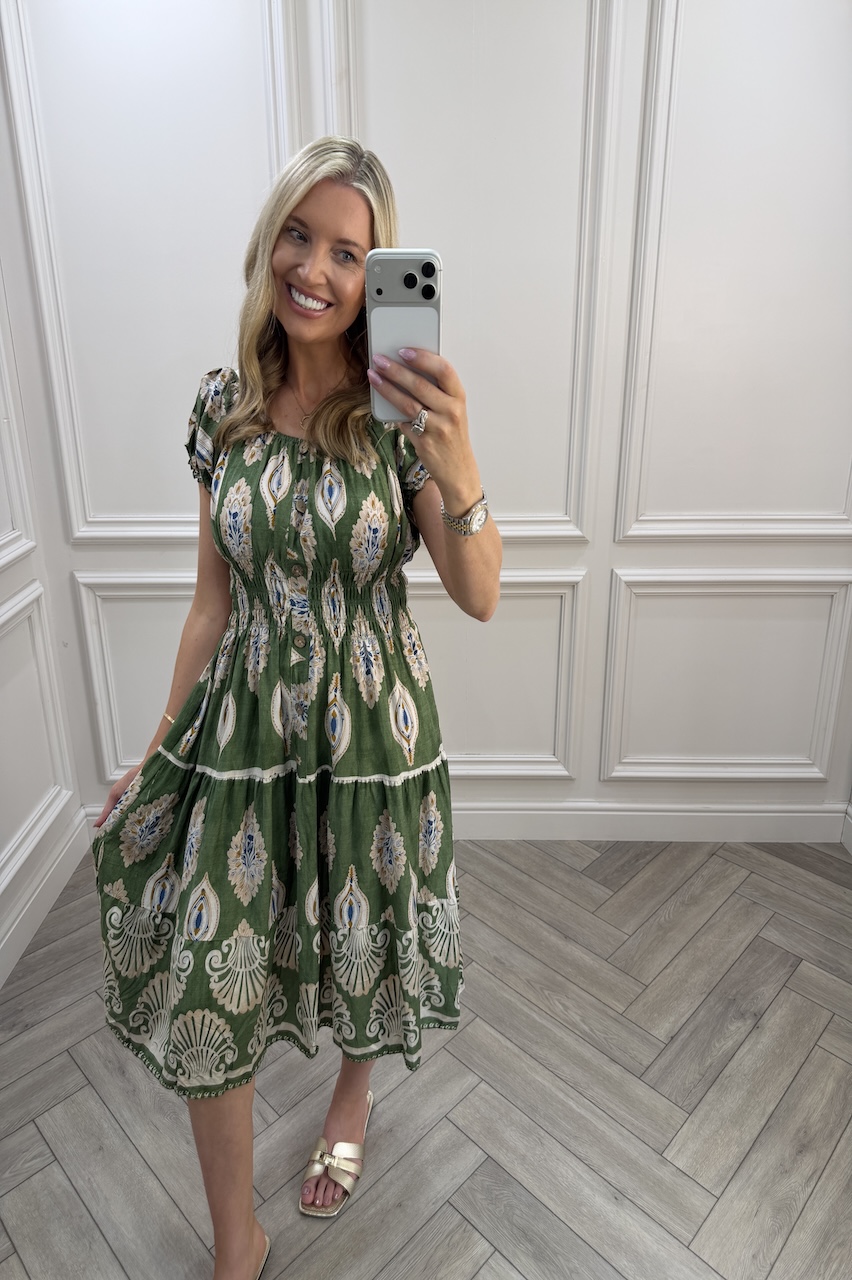 Green Gabriella Shirred Midi Dress