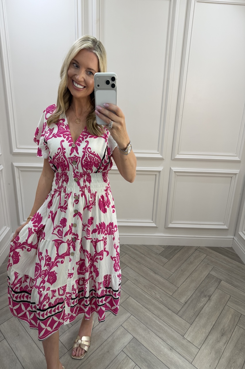 Pink Eliza Shirred Midi Dress