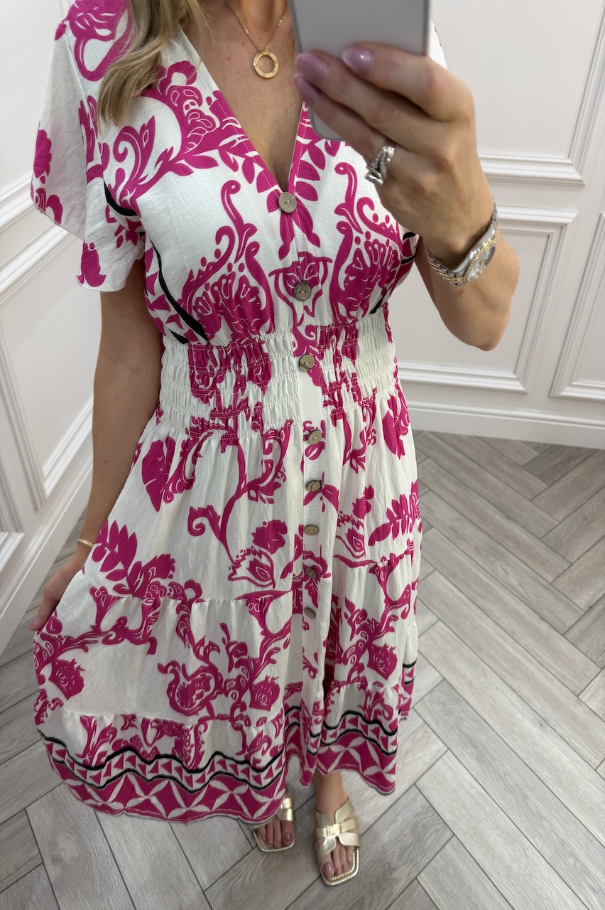 Pink Eliza Shirred Midi Dress