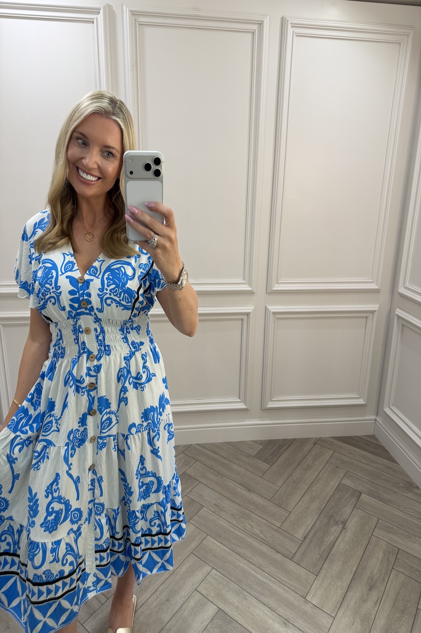 Blue Eliza Shirred Midi Dress