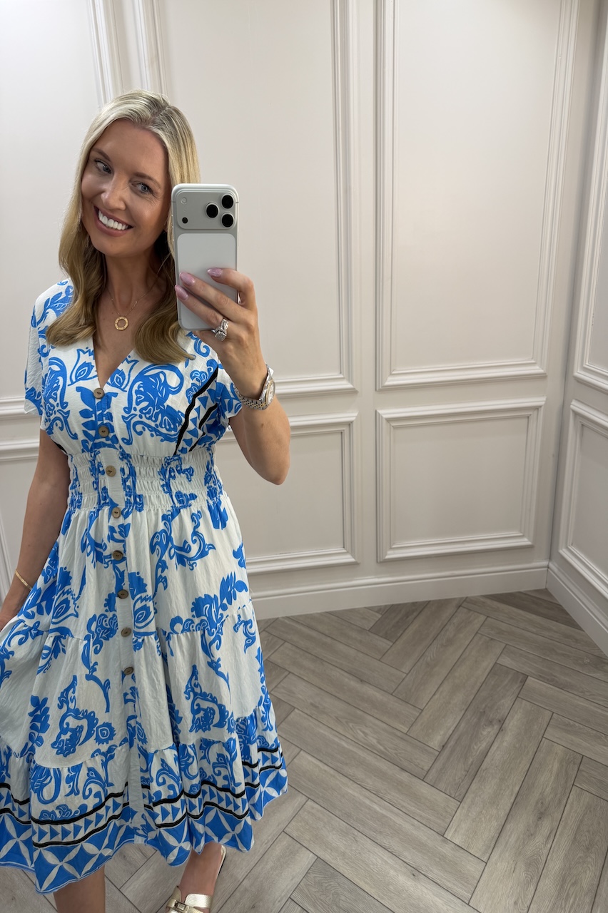 Blue Eliza Shirred Midi Dress