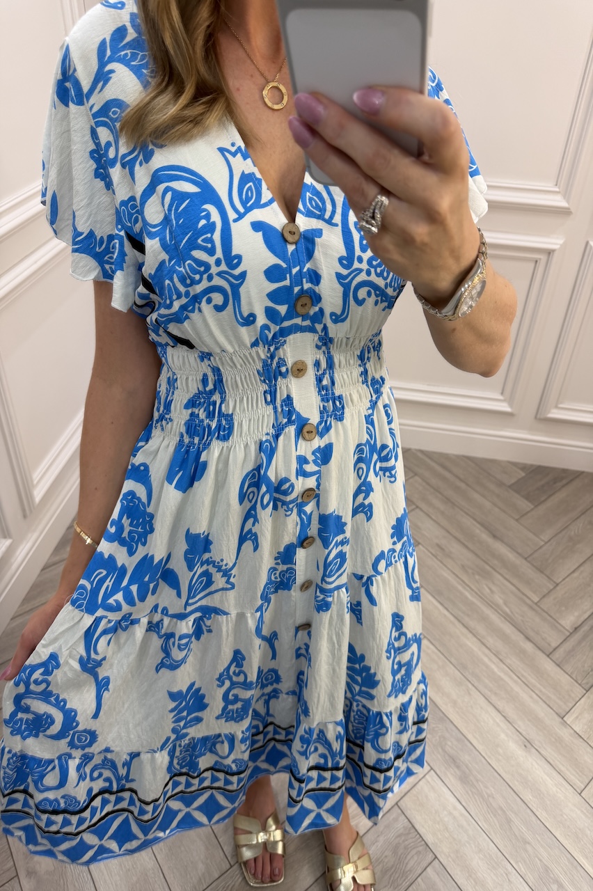 Blue Eliza Shirred Midi Dress