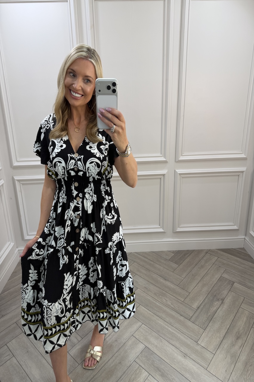 Black Eliza Shirred Midi Dress