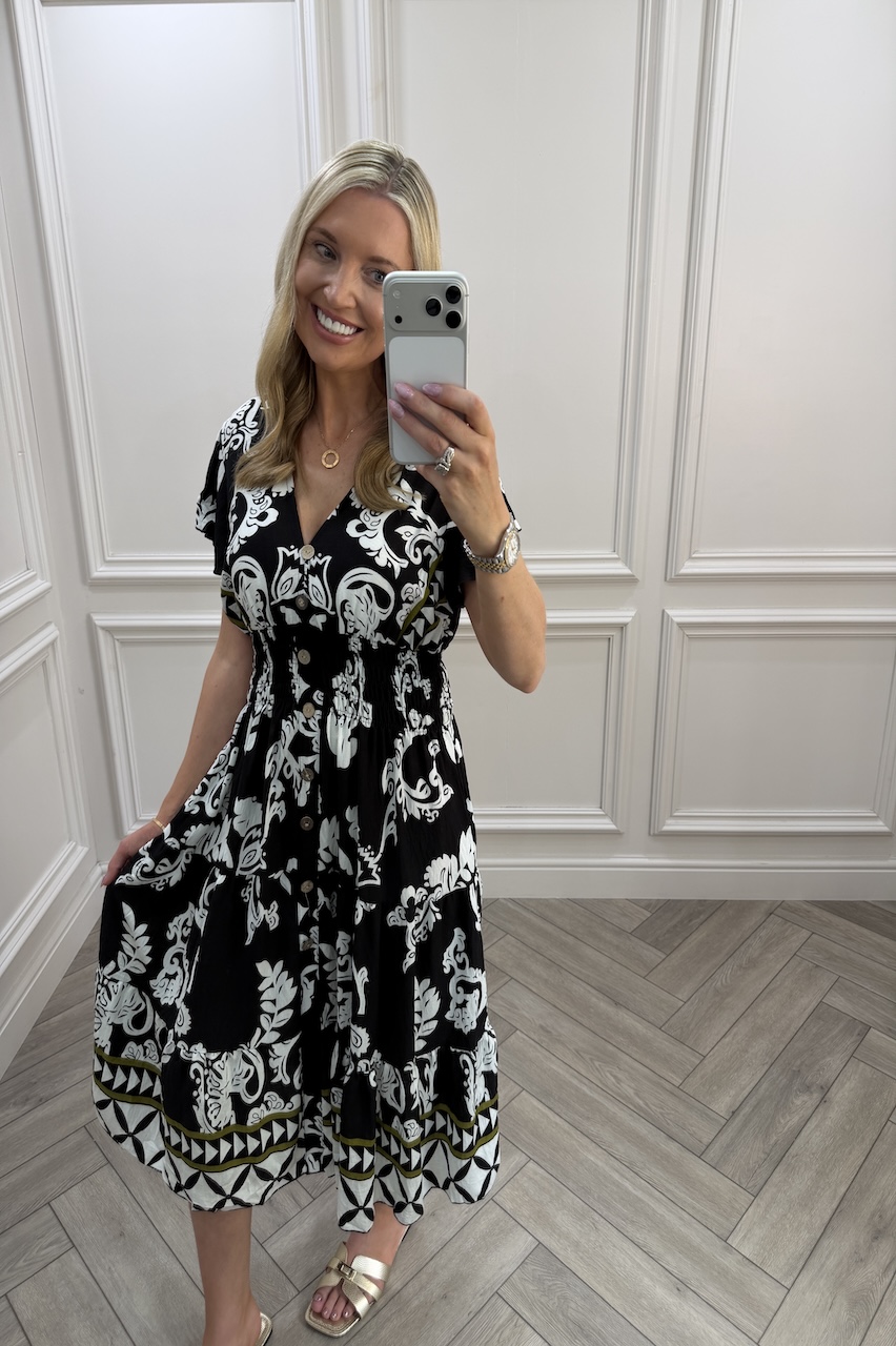 Black Eliza Shirred Midi Dress