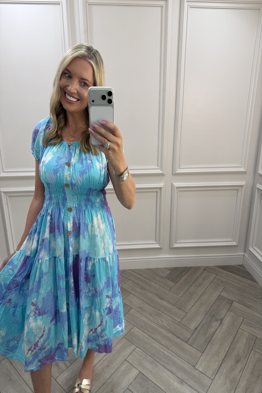 Blue & Purple Bexley Shirred Midi Dress