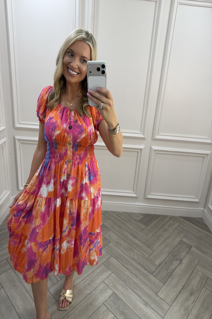 Orange & Pink  Bexley Shirred Midi Dress