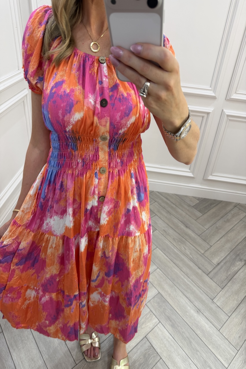 Orange & Pink  Bexley Shirred Midi Dress