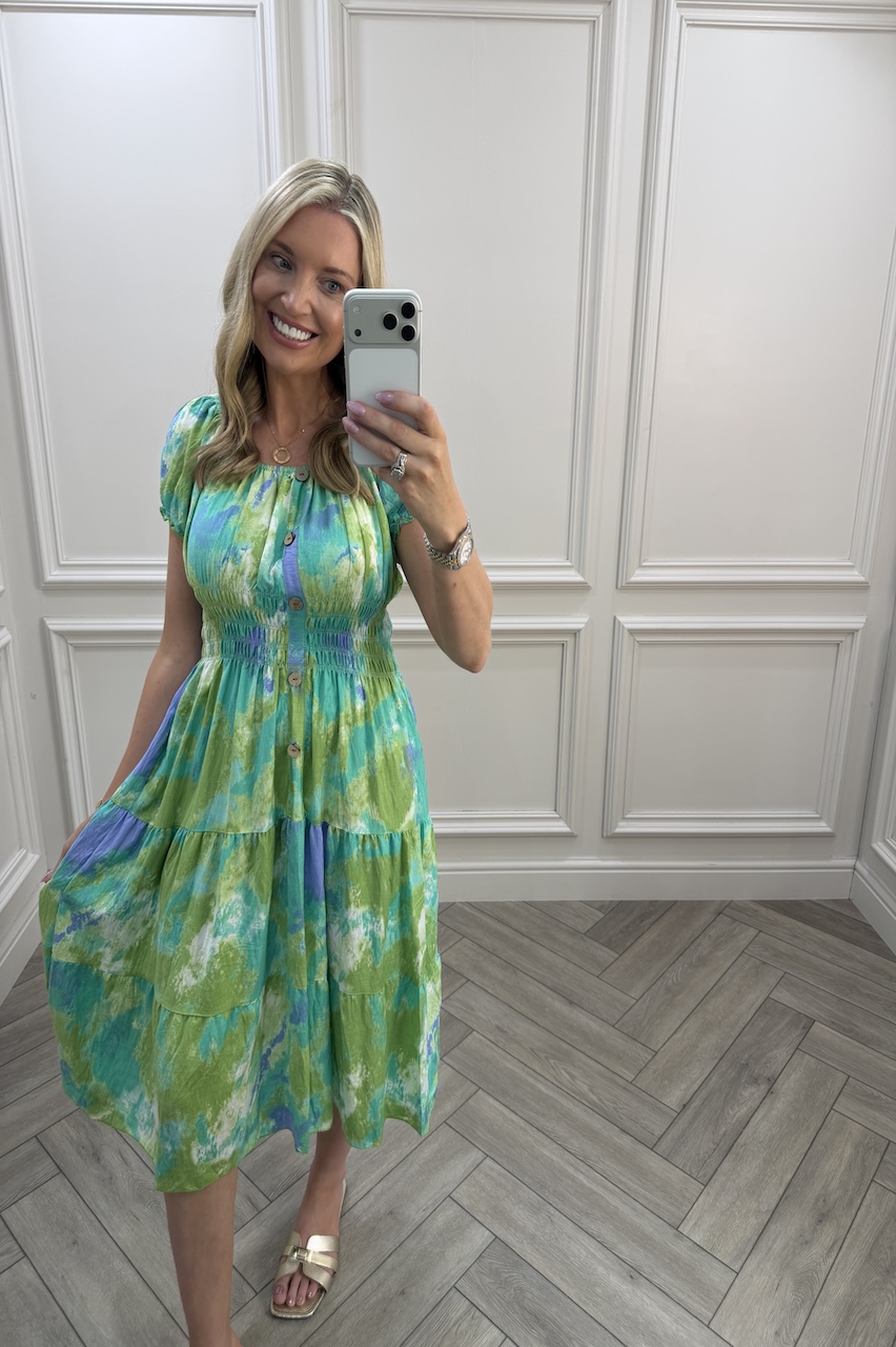 Green & Turquise  Bexley Shirred Midi Dress