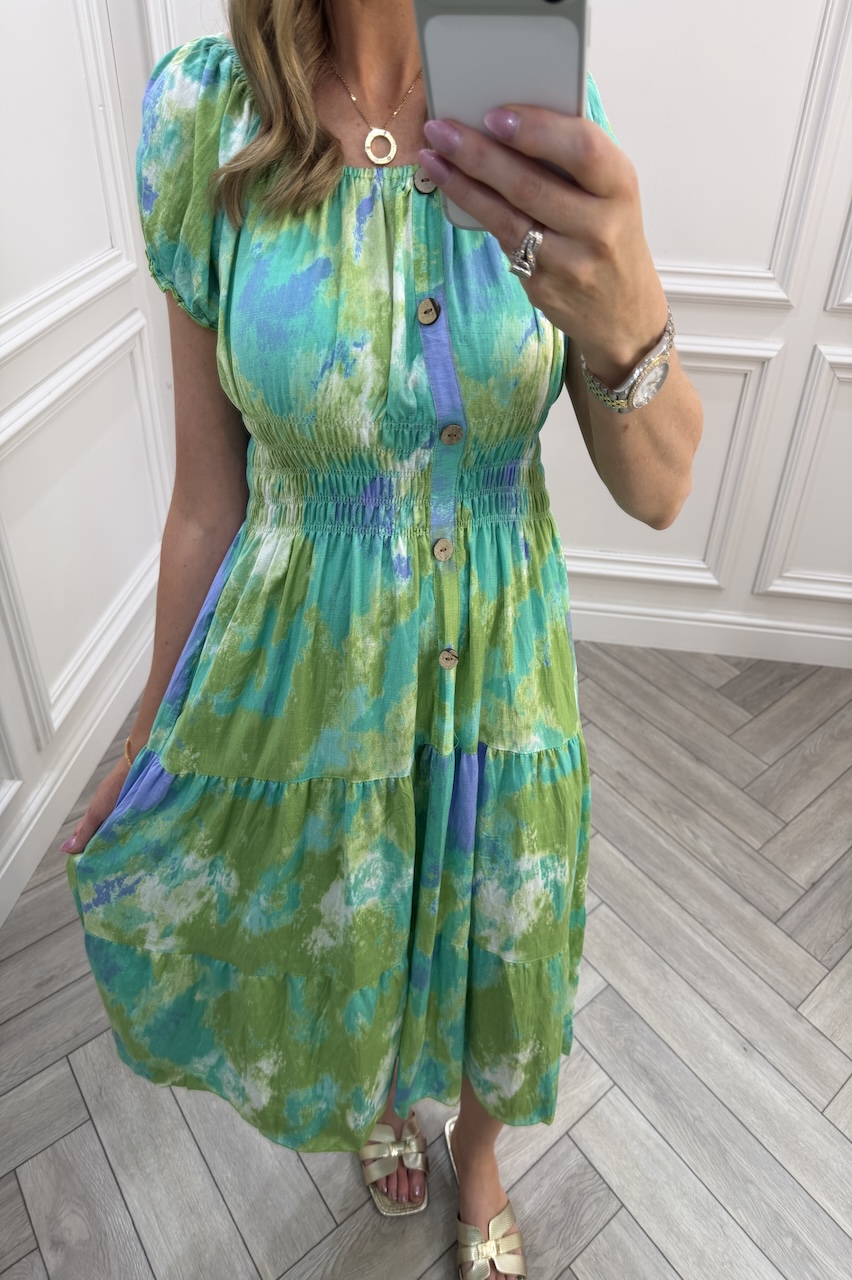 Green & Turquise  Bexley Shirred Midi Dress