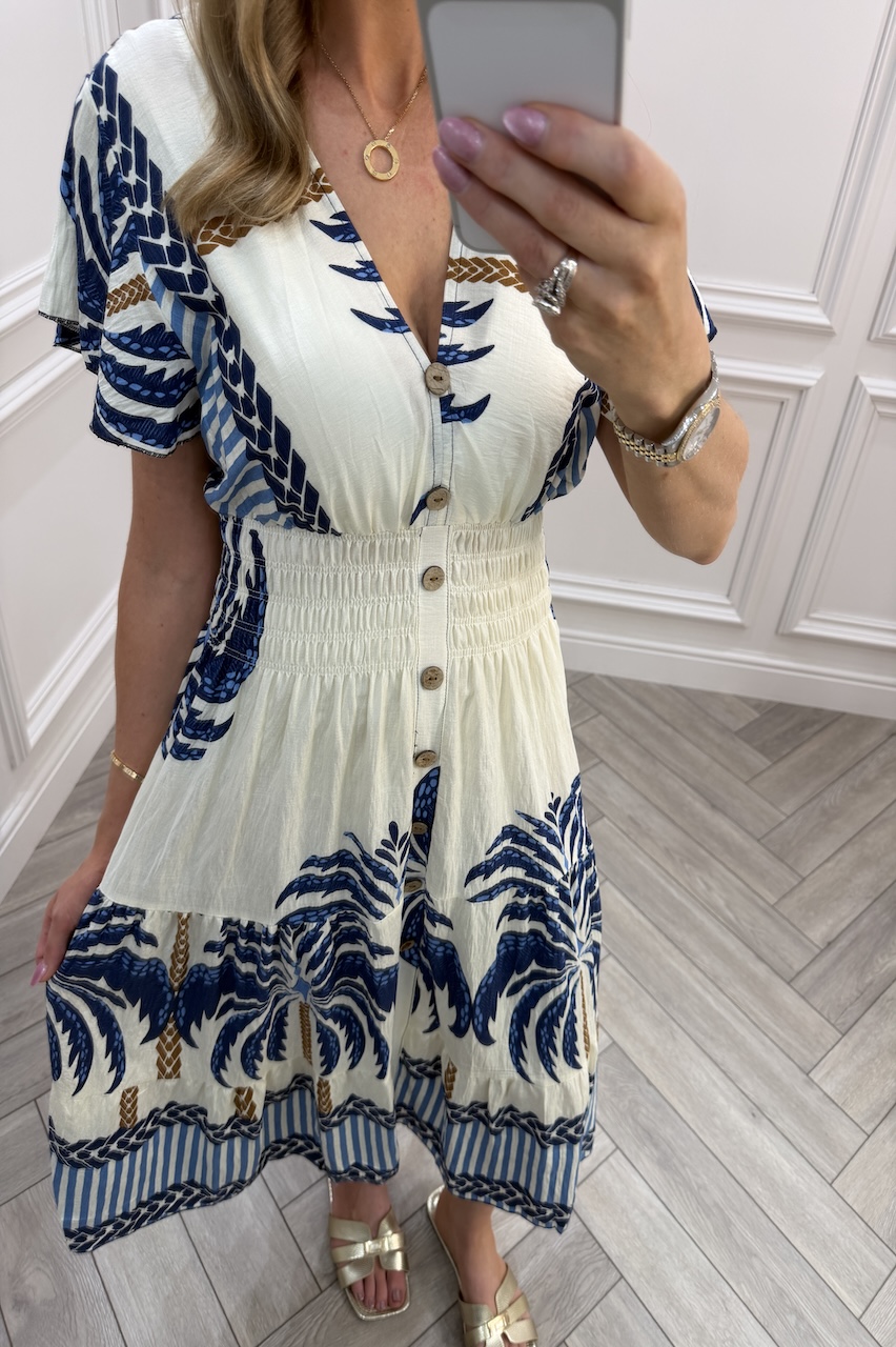 Navy Zinnia Shirred Midi Dress
