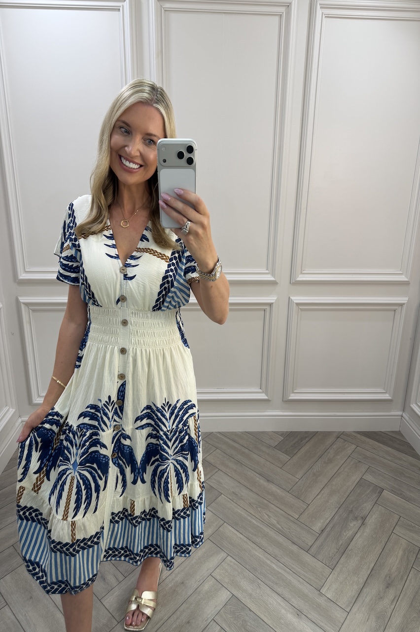 Navy Zinnia Shirred Midi Dress
