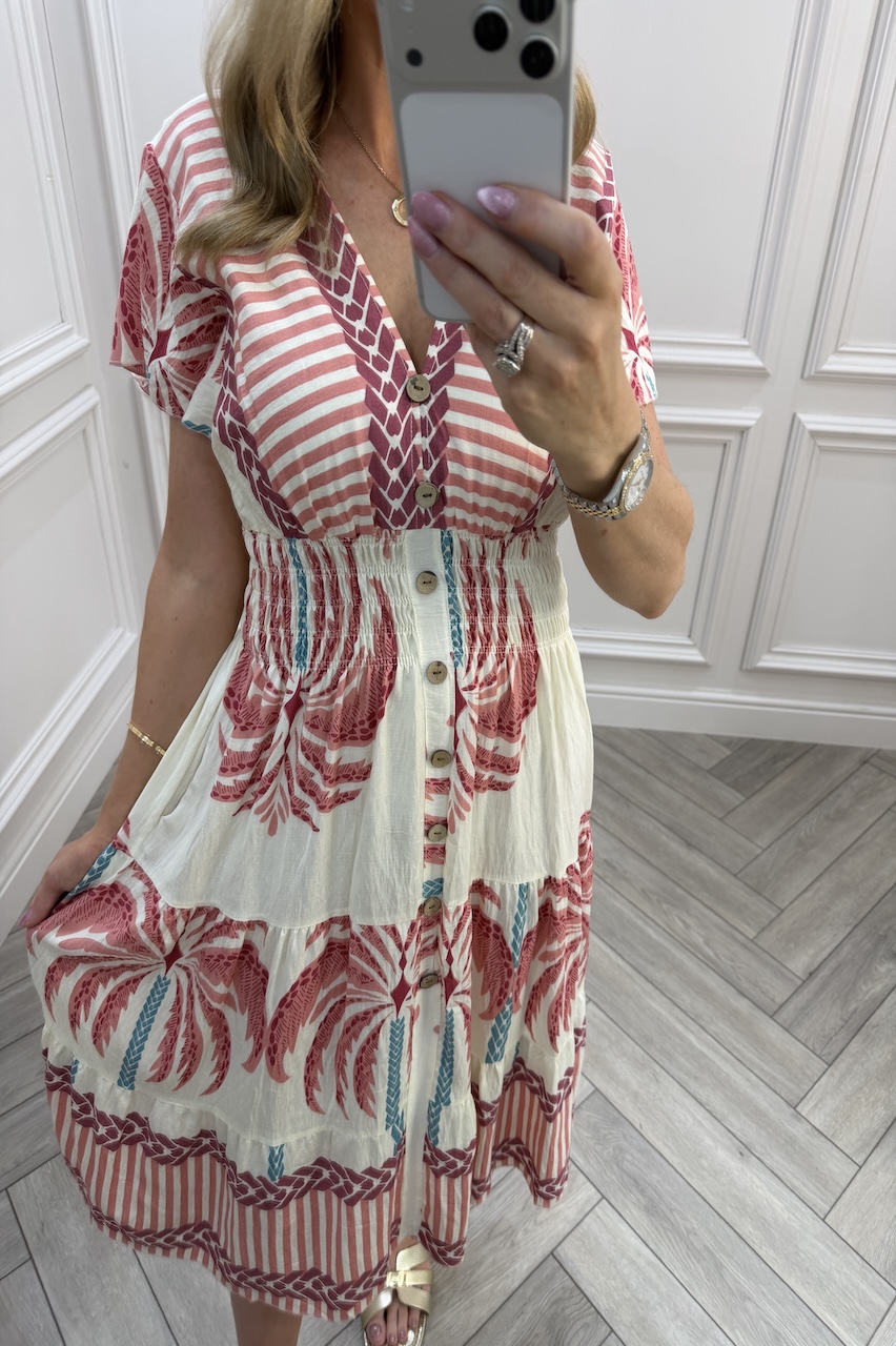 Pink  Zinnia Shirred Midi Dress