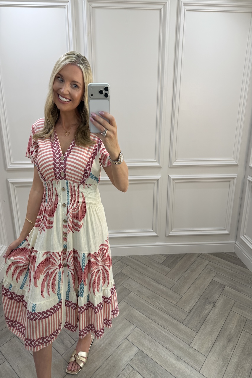Pink  Zinnia Shirred Midi Dress