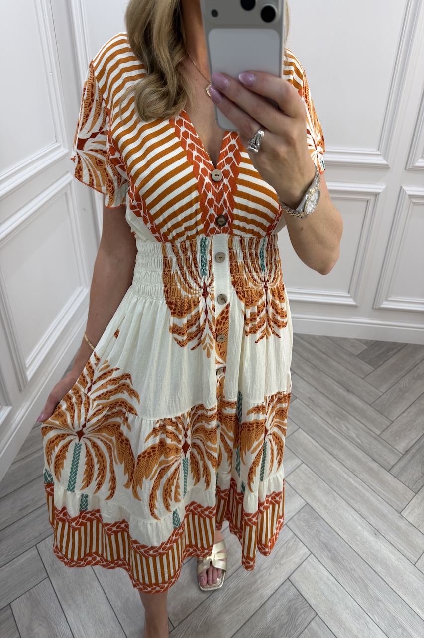 Orange  Zinnia Shirred Midi Dress
