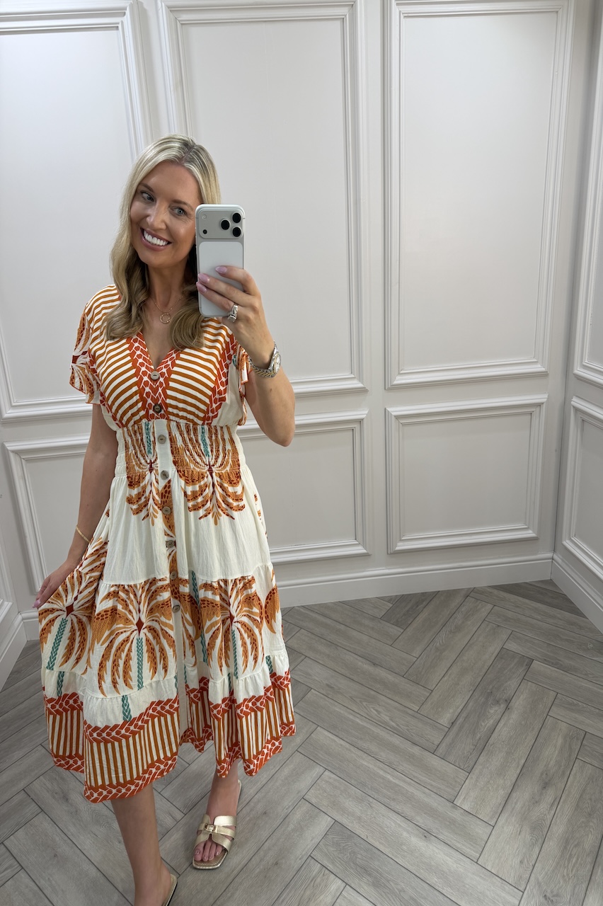 Orange  Zinnia Shirred Midi Dress