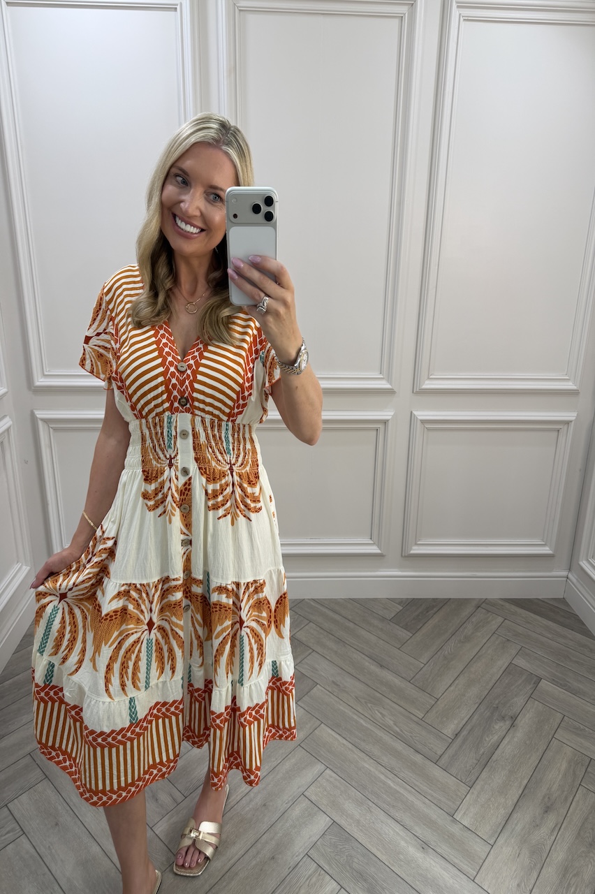 Orange  Zinnia Shirred Midi Dress