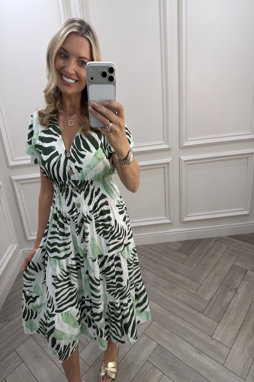 Light Green & Dark Green Penelope Shirred Midi Dress