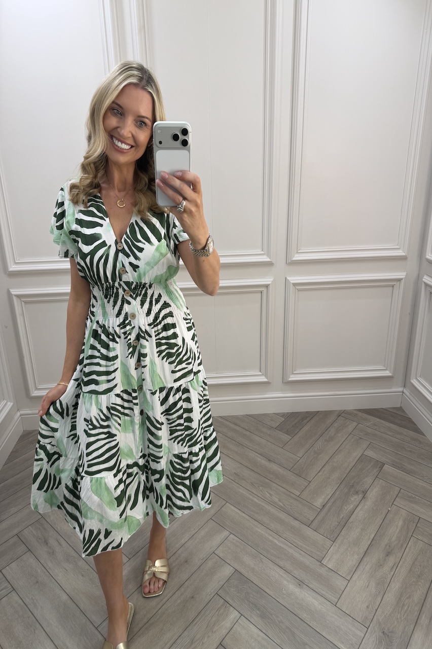 Light Green & Dark Green Penelope Shirred Midi Dress