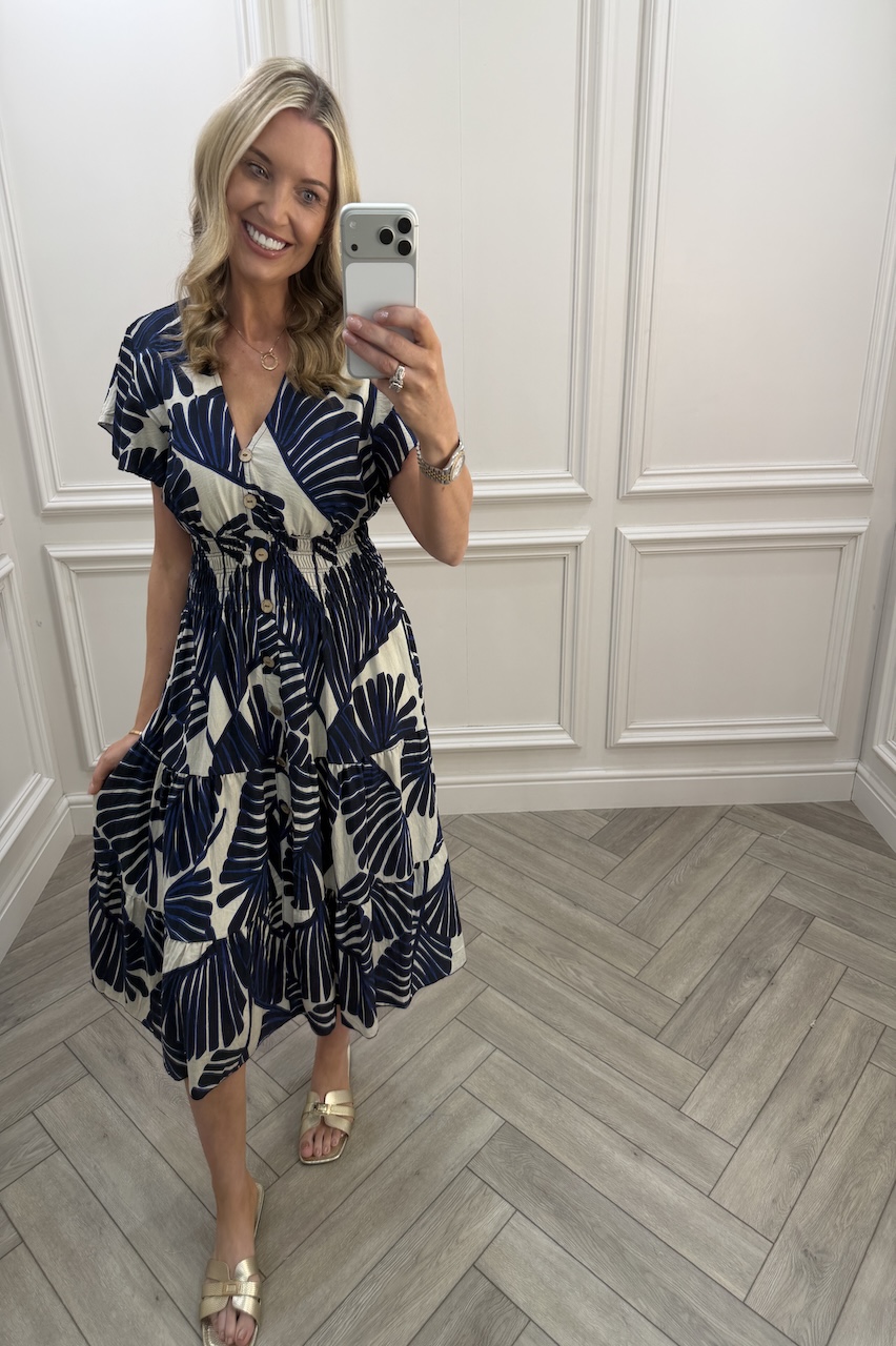 Navy Lucy Tropical Leaf Shirred Midi Dress