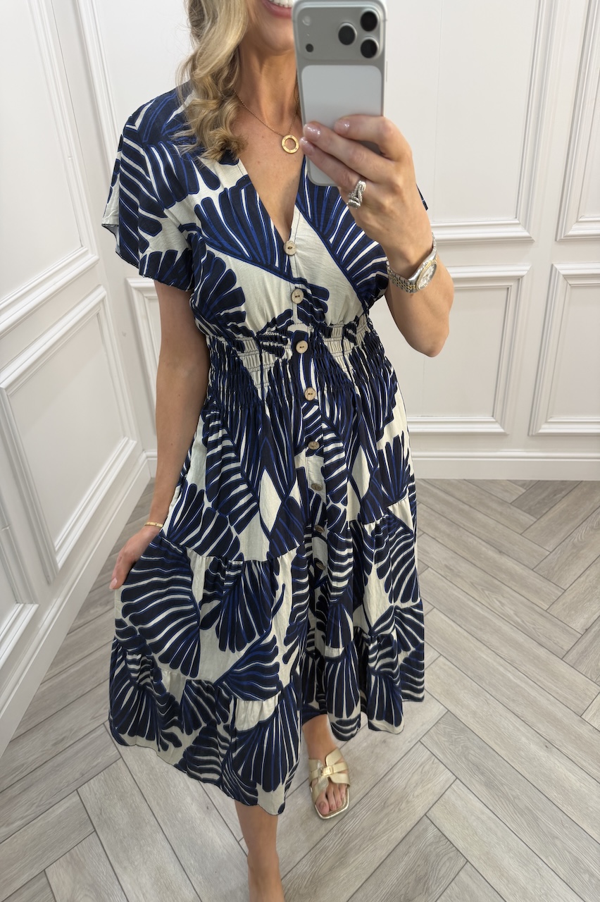 Navy Lucy Tropical Leaf Shirred Midi Dress