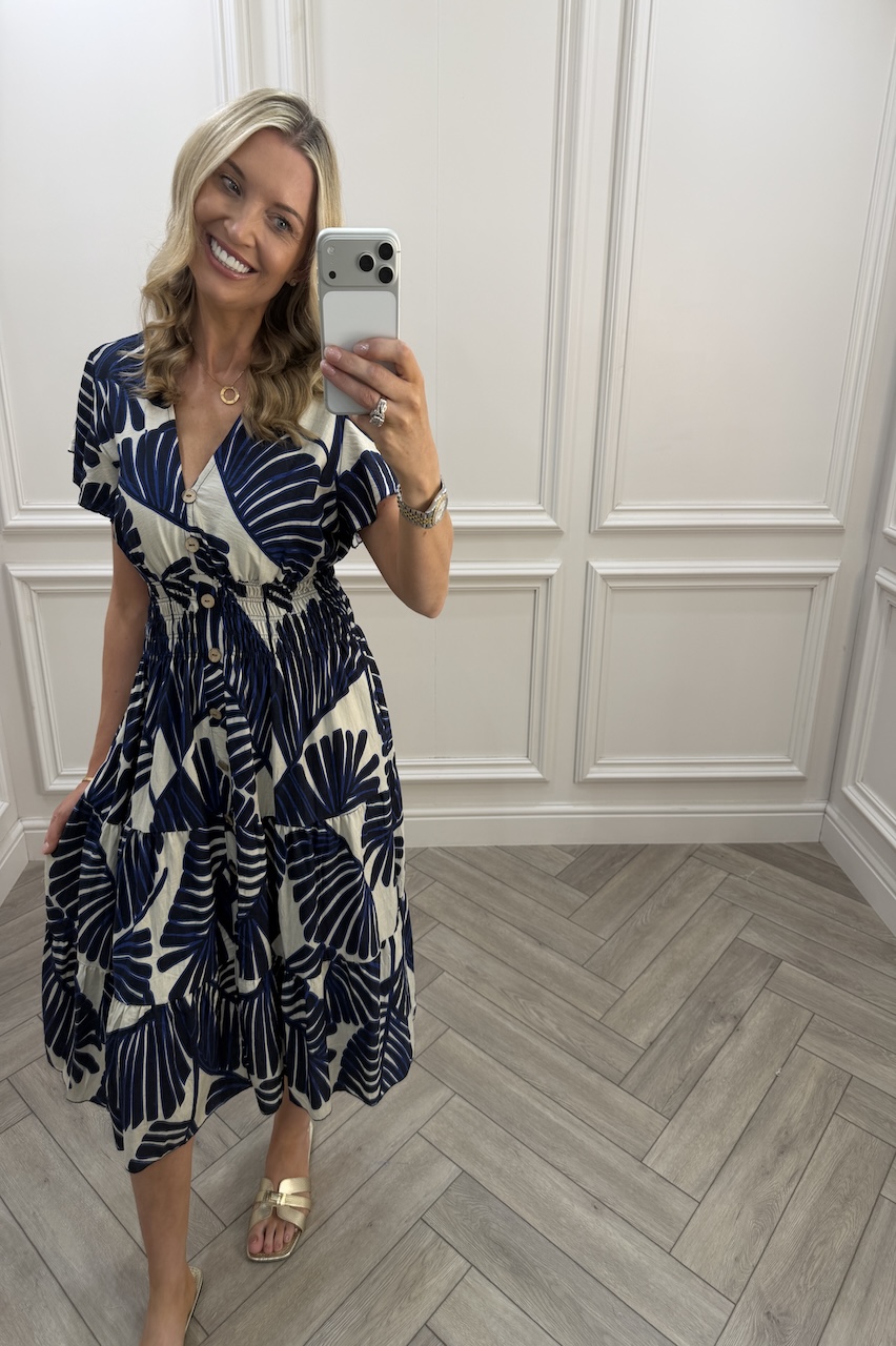 Navy Lucy Tropical Leaf Shirred Midi Dress