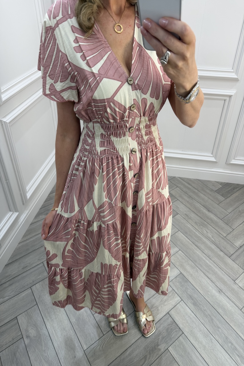 Dusky Pink Lucy Tropical Leaf Shirred Midi Dress
