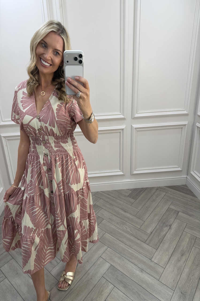 Dusky Pink Lucy Tropical Leaf Shirred Midi Dress