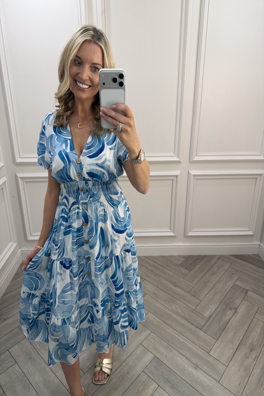 Blue Scarlett Shirred Midi Dress