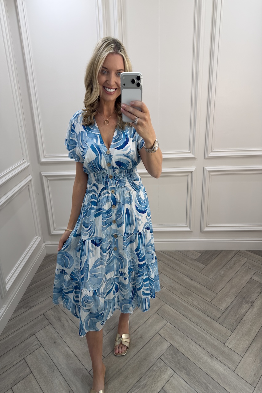 Blue Scarlett Shirred Midi Dress