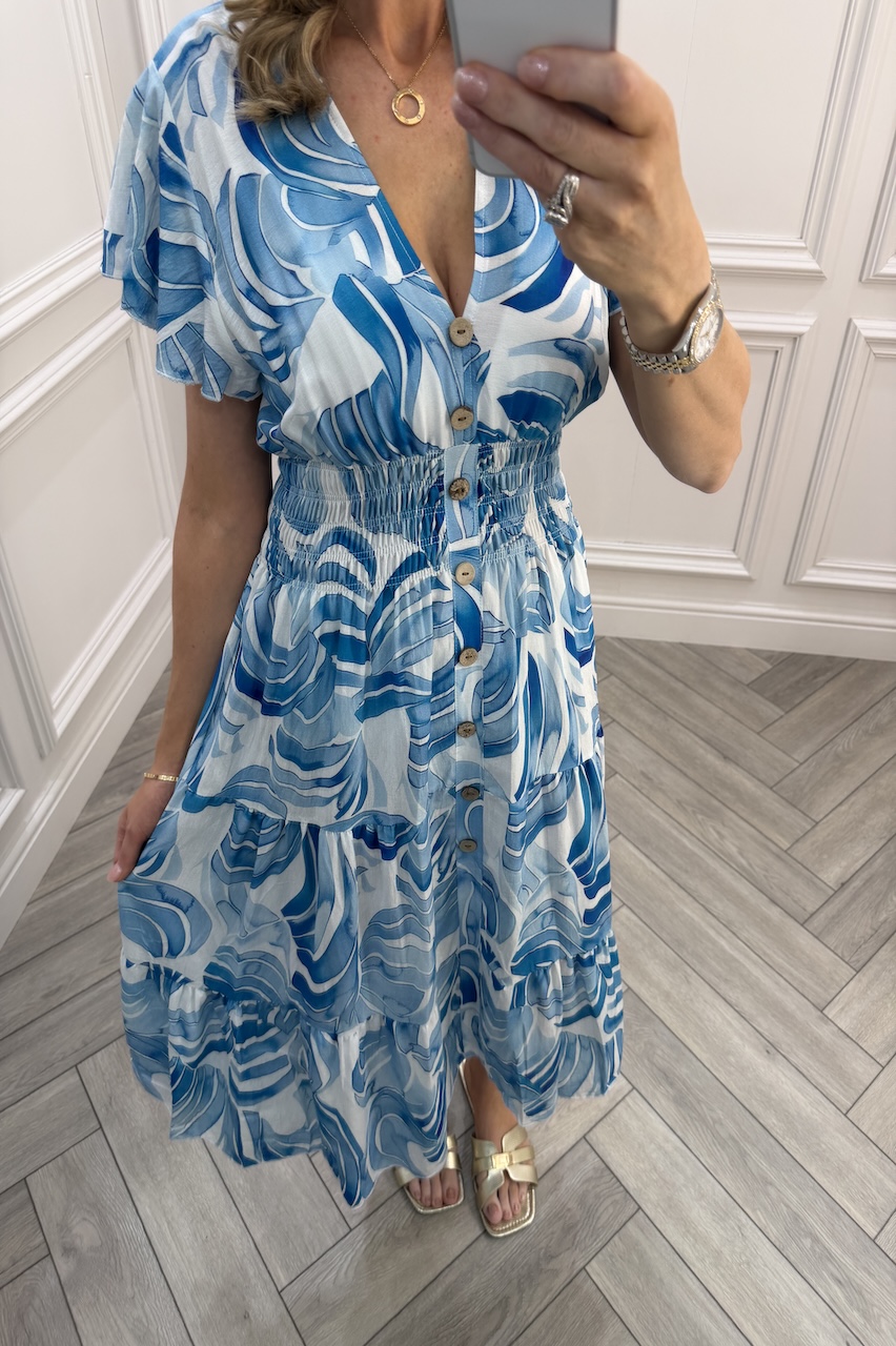 Blue Scarlett Shirred Midi Dress