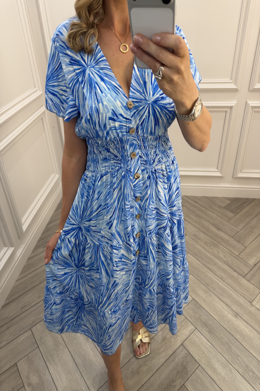 Aurelia Blue Shirred Midi Dress